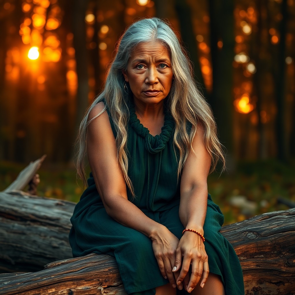 AI generated art for prompt: A portrait photograph captures a wise Pacific Islander seer with striking ice-blue eyes and silver h