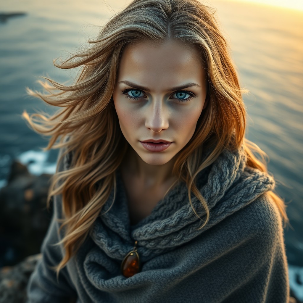 AI generated art for prompt: A photorealistic portrait photograph captures a Slavic woman with mesmerizing blue eyes and cascadin