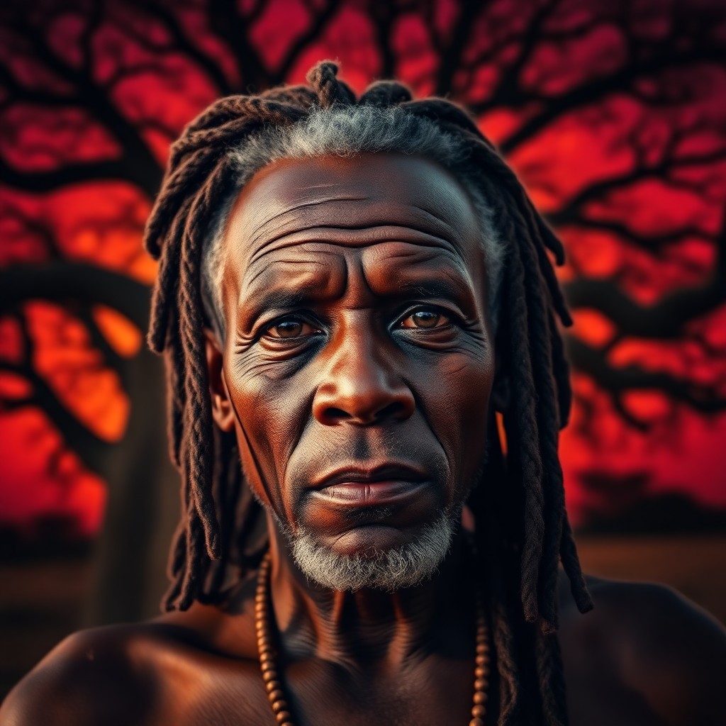 AI generated art for prompt: Imagine a portrait photograph of an African elder with bronze skin and graying dreadlocks, his soulf