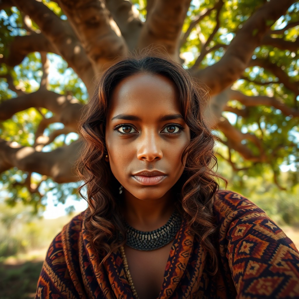 AI generated art for prompt: An iPhone portrait captures the mysterious gaze of an African woman with deep brown eyes and wavy ho