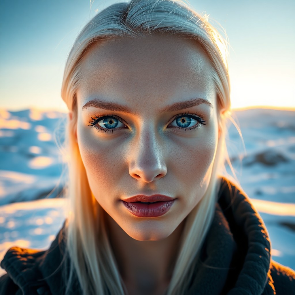 AI generated art for prompt: Photograph a European woman with striking ice-blue eyes and sleek platinum hair, her features illumi