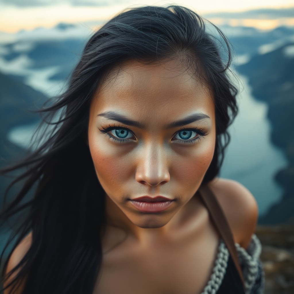 AI generated art for prompt: Craft a hyperrealistic portrait of a Pacific Islander woman with striking ice-blue eyes and long, da