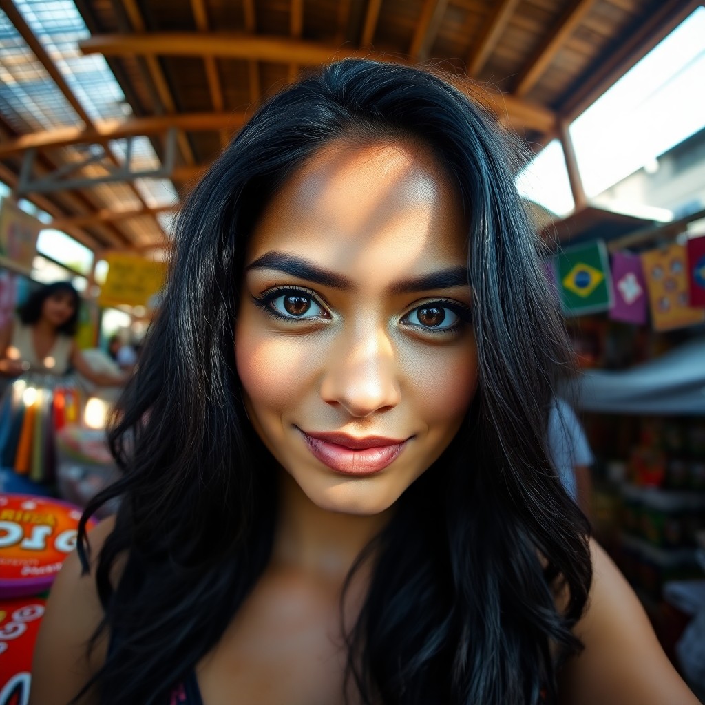 AI generated art for prompt: Depict a photorealistic portrait of a South American woman with deep brown eyes and lustrous black h