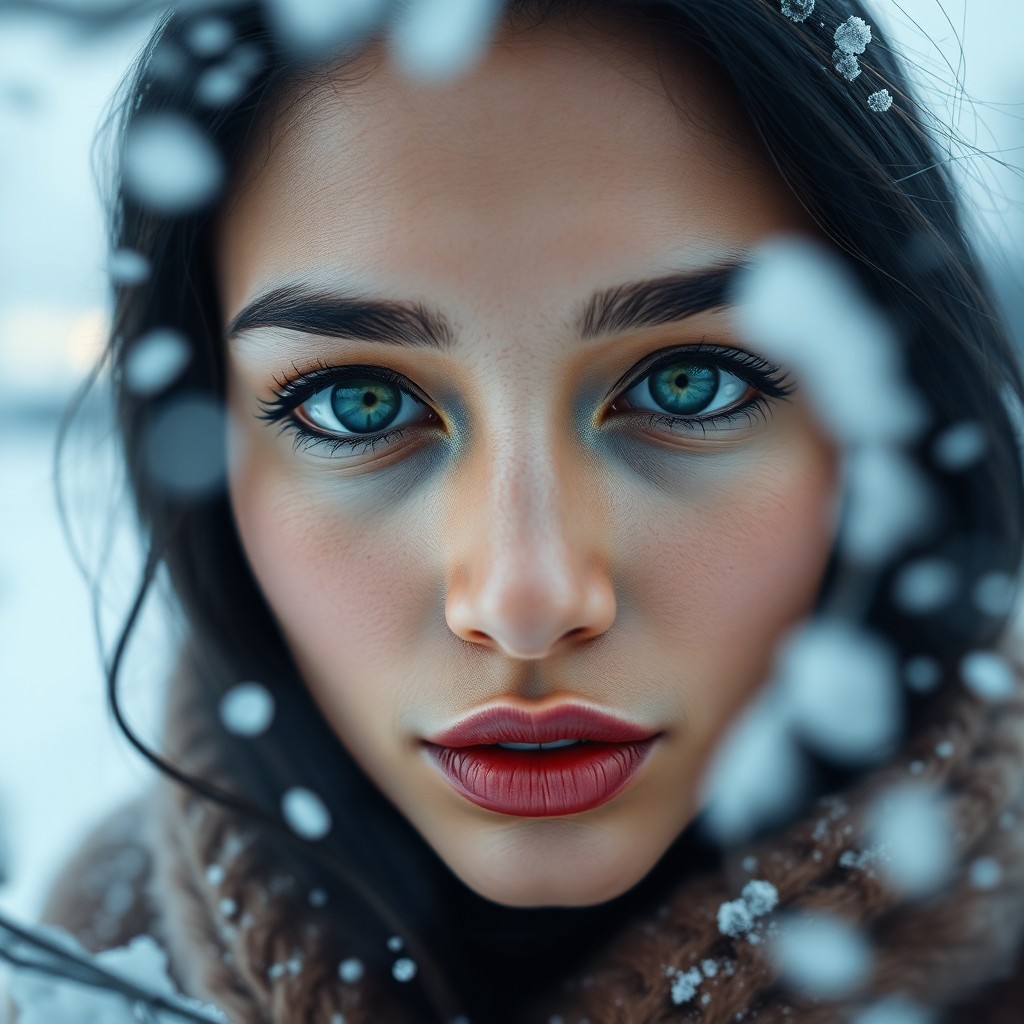 AI generated art for prompt: Craft a captivating portrait of a Hispanic woman with an enigmatic gaze and deep green eyes, set aga