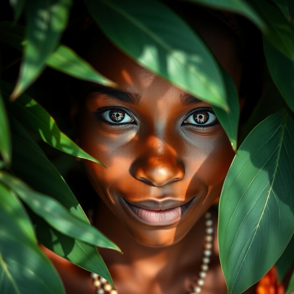 AI generated art for prompt: A high-angle portrait photograph showcases an enigmatic African woman with honey-toned skin and expr