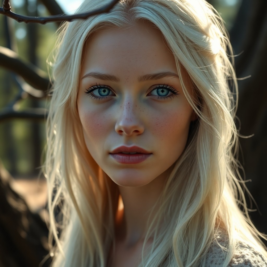 AI generated art for prompt: Create a photorealistic portrait of a Nordic woman with captivating blue eyes and platinum blonde ha