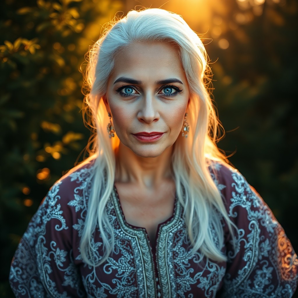 AI generated art for prompt: Photograph a middle-aged South Asian woman with striking blue eyes and platinum hair cascading down 