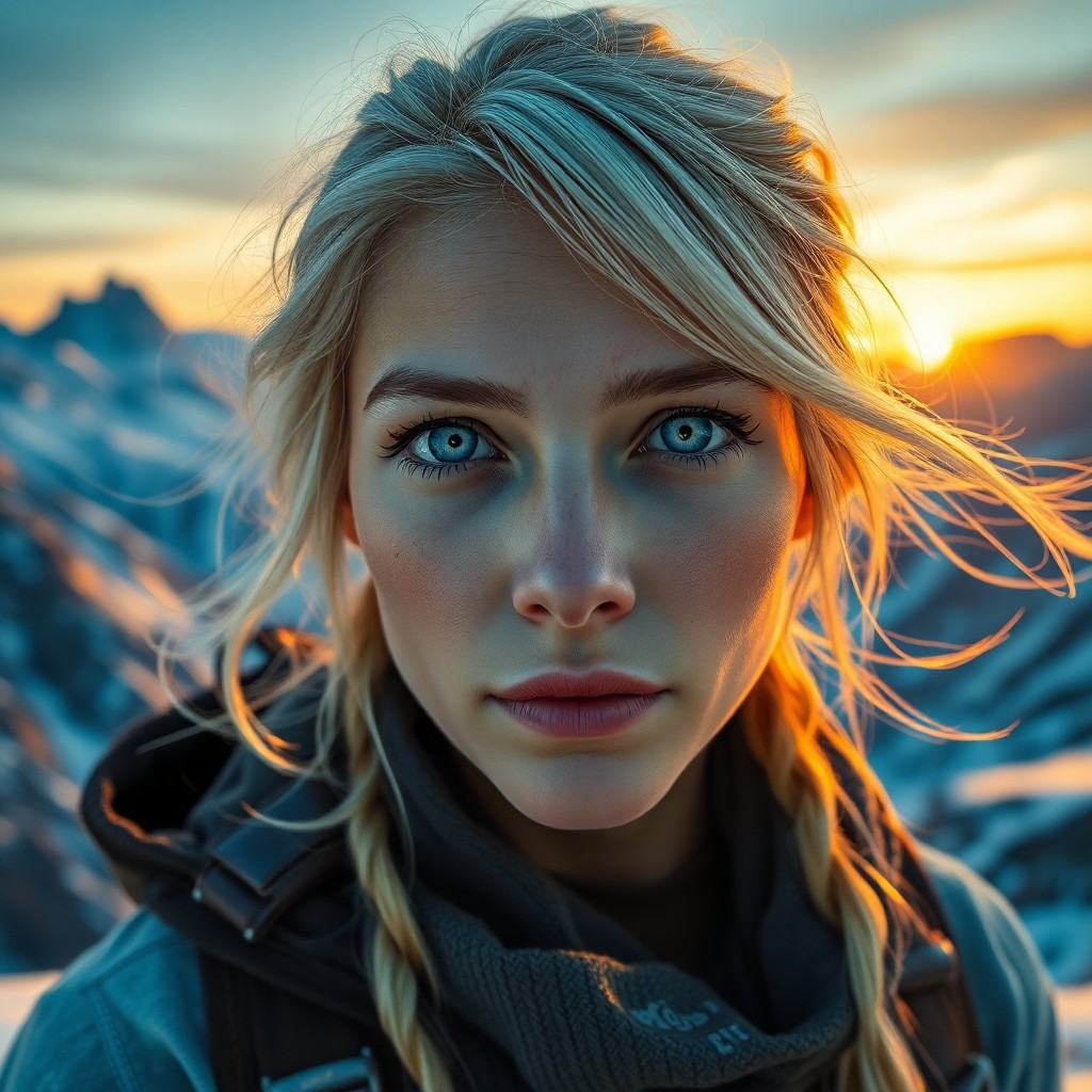 AI generated art for prompt: Hyperrealistically portray a European female adventurer with piercing ice-blue eyes and weathered sk