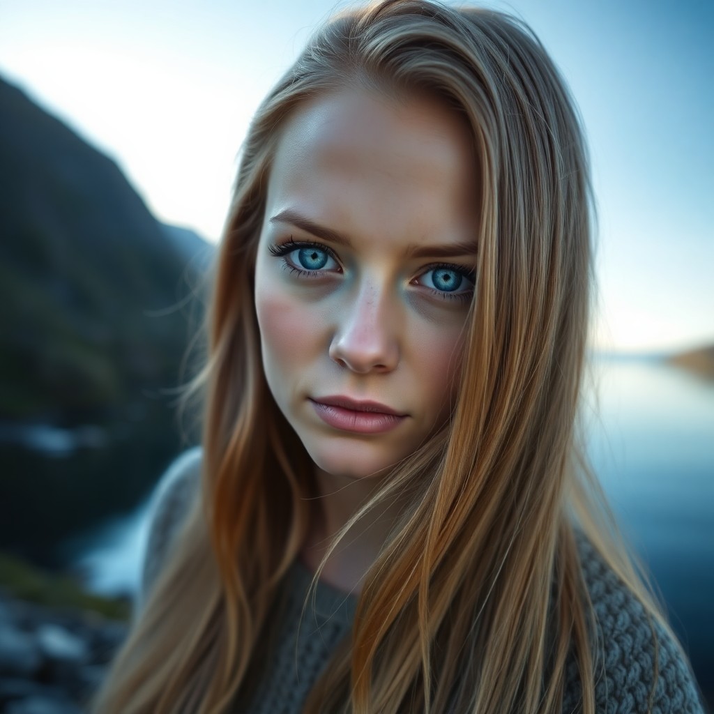 AI generated art for prompt: A photorealistic portrait of a Nordic woman in her early thirties showcases piercing blue eyes and l