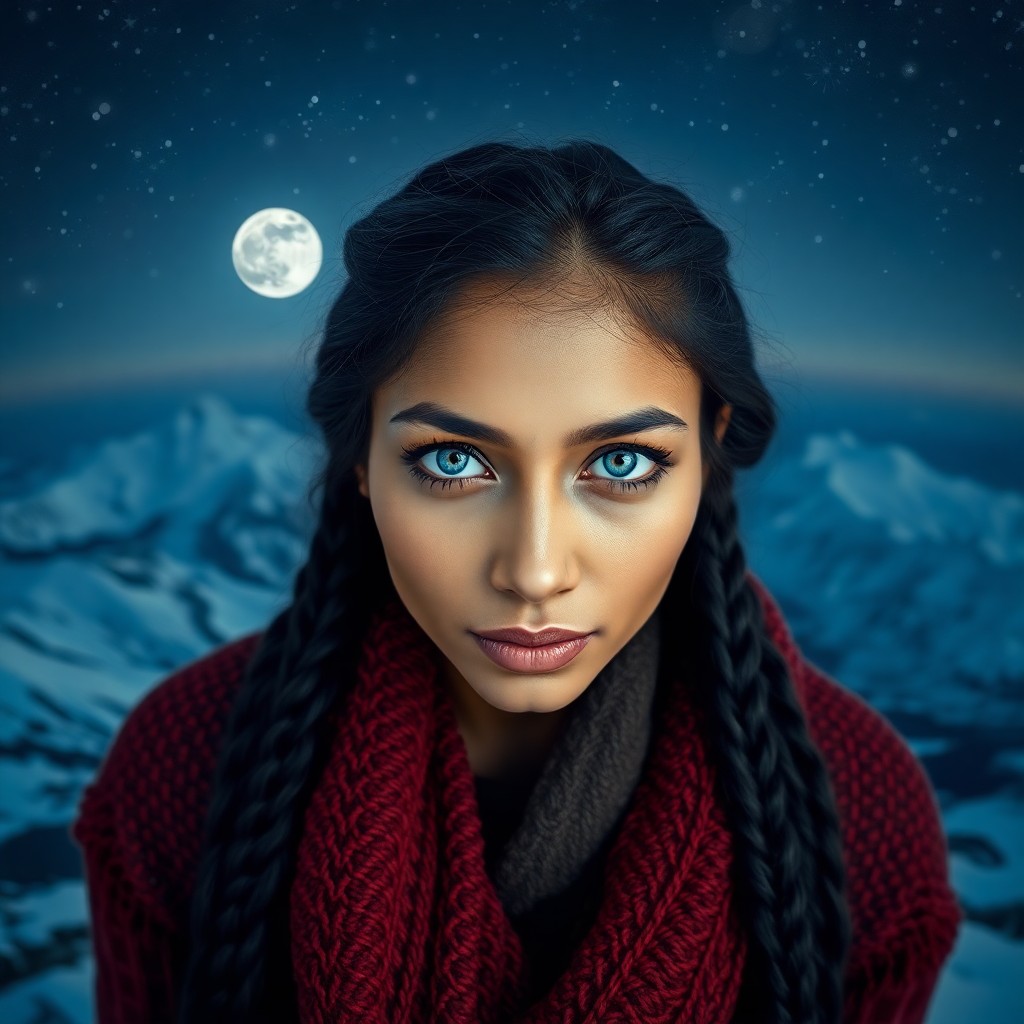 AI generated art for prompt: A photorealistic portrait photograph showcases a South Asian woman with mesmerizing ice-blue eyes an