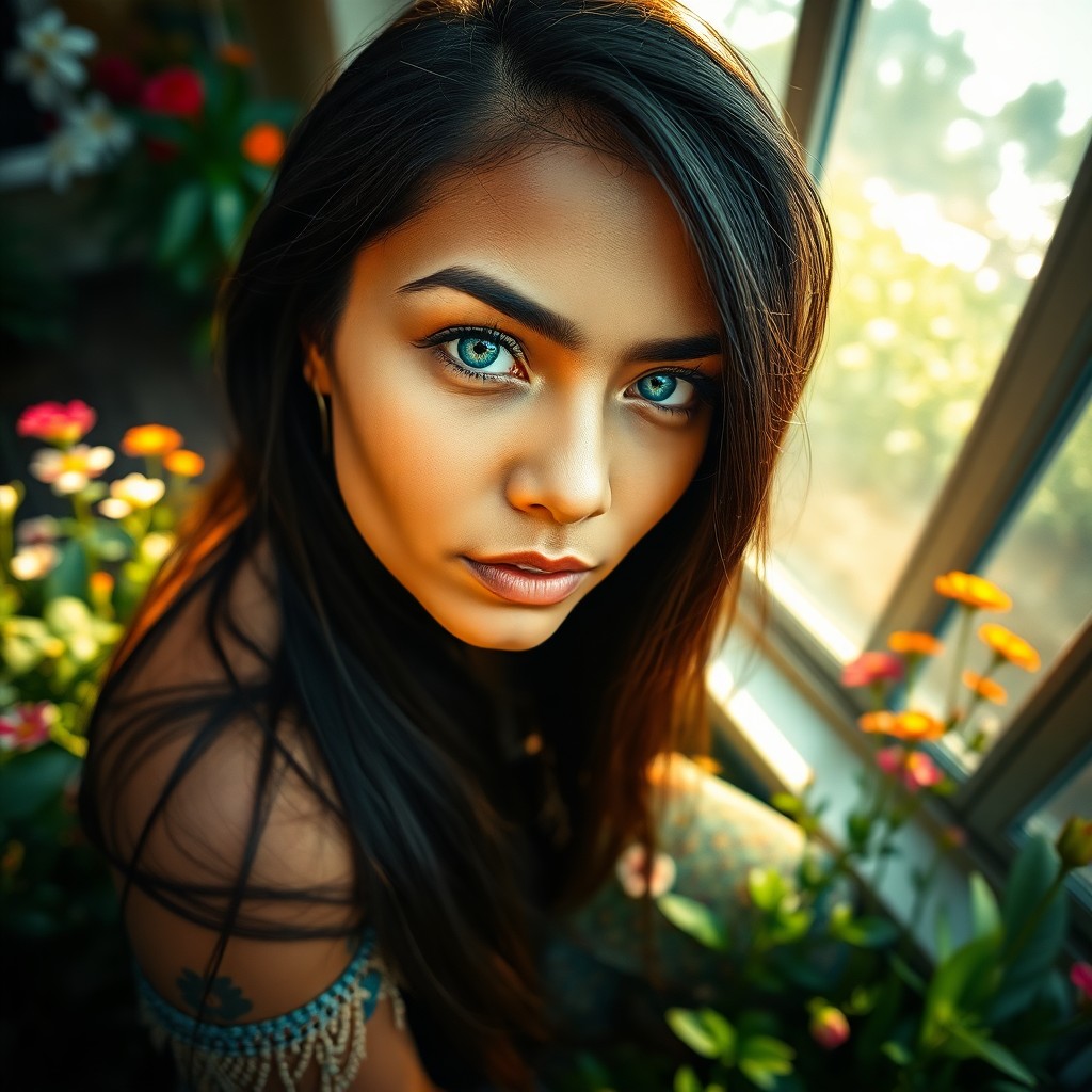 AI generated art for prompt: Envision a portrait photograph of an indigenous woman with vibrant azure eyes and lustrous raven hai