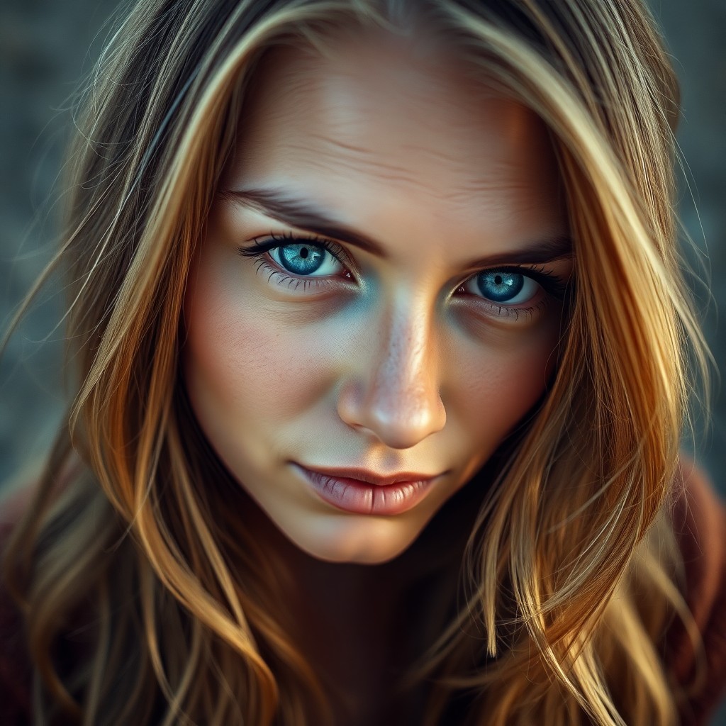 AI generated art for prompt: A portrait photo reveals a Native American woman with mesmerizing blue eyes and golden-brown hair ca