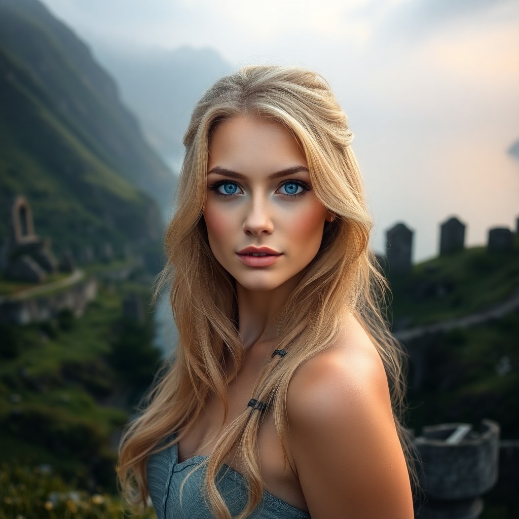 AI generated art for prompt: A digital portrait captures a Slavic woman with striking blue eyes and golden-blonde hair cascading 