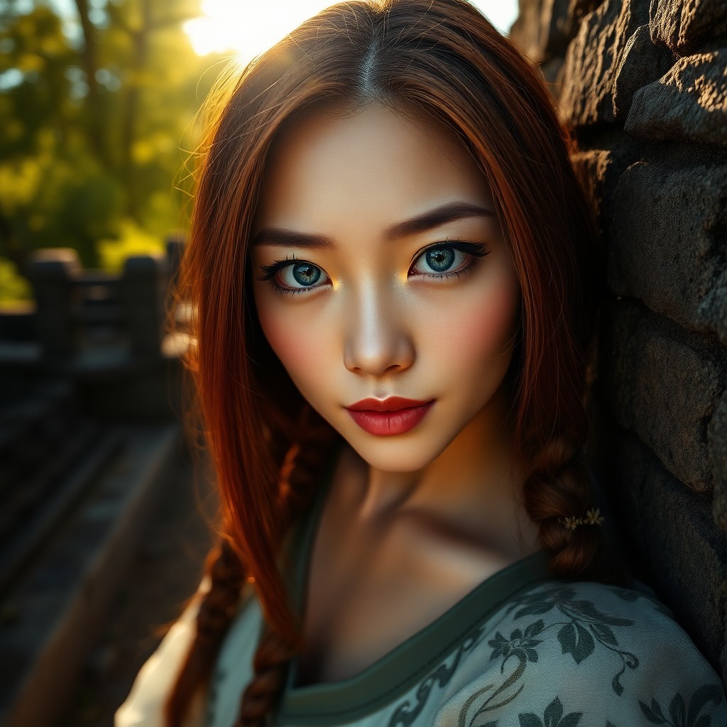 AI generated art for prompt: A photorealistic portrait photograph captures an East Asian woman's enigmatic gaze, her striking icy