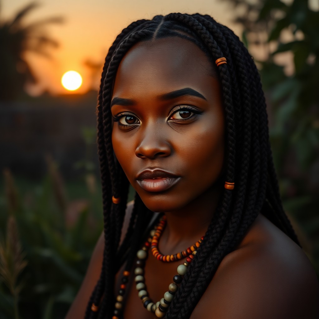 AI generated art for prompt: A hyperrealistic portrait of an enigmatic African woman with warm hazel eyes and intricate braided h