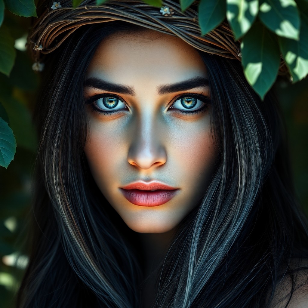 AI generated art for prompt: A hyperrealistic portrait captures a Middle Eastern woman's enigmatic allure with piercing blue eyes