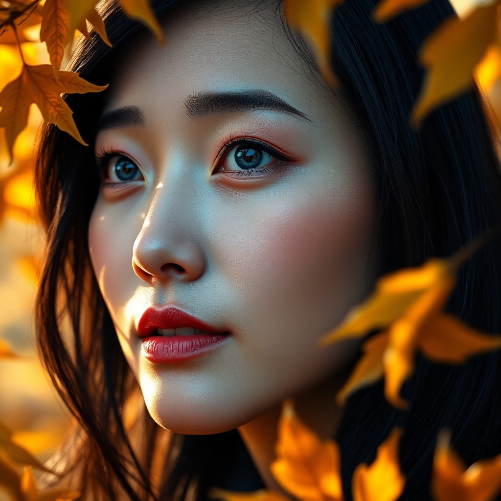 AI generated art for prompt: A digital portrait captures an East Asian woman's essence with piercing blue eyes and raven hair, il