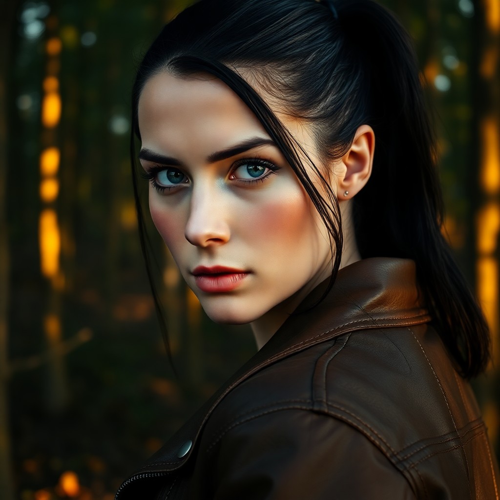 AI generated art for prompt: An enigmatic European woman with piercing ice-blue eyes and sleek jet-black hair in a ponytail takes