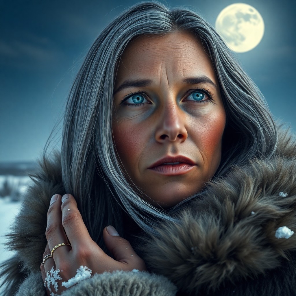 AI generated art for prompt: Craft a photorealistic portrait of an indigenous American woman with striking blue eyes and long hai