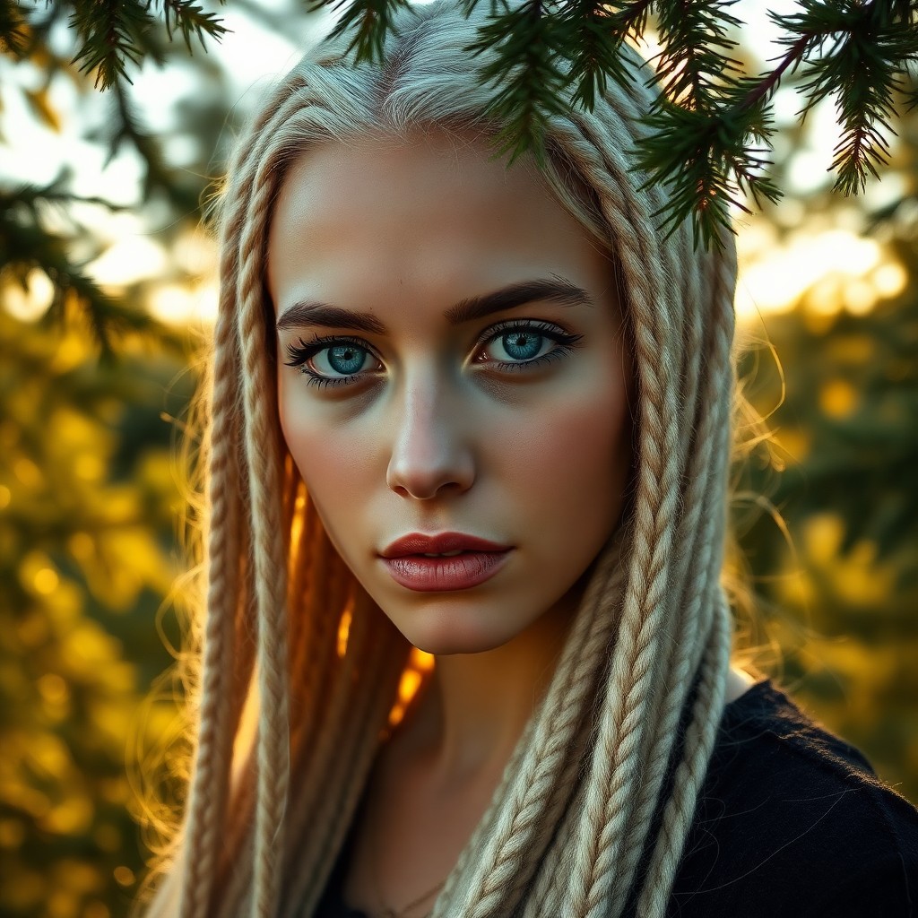 AI generated art for prompt: Imagine a portrait of a Middle Eastern woman with striking blue eyes and long platinum blonde braids