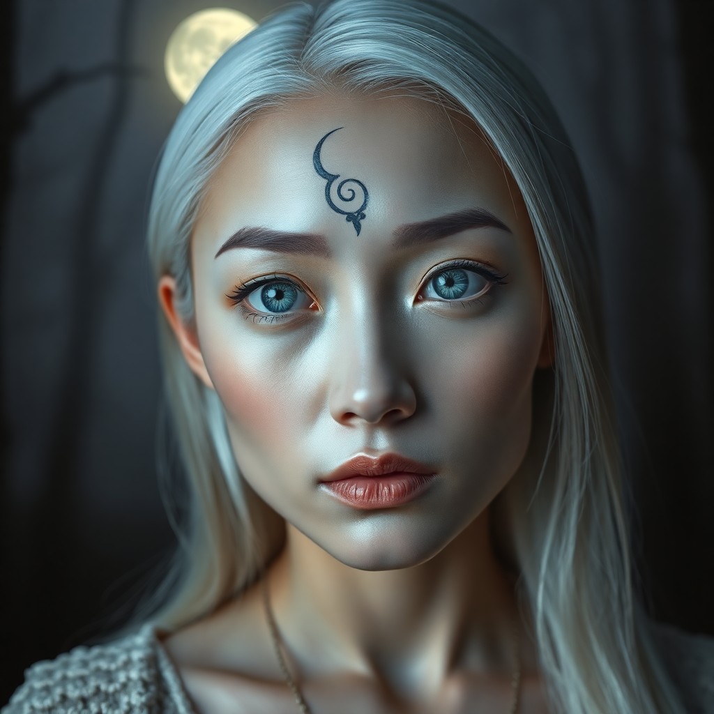 AI generated art for prompt: A photorealistic portrait photograph captures an East Asian woman with mesmerizing ice-blue eyes and