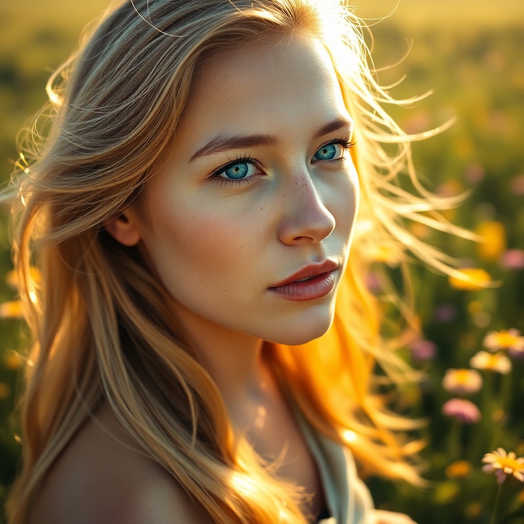 AI generated art for prompt: A captivating portrait of a Pacific Islander woman with striking blue eyes and flowing golden hair, 