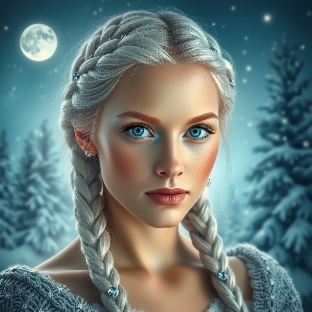 AI generated art for prompt: Evoke a photorealistic portrait of an Nordic woman with ice-blue eyes and fair skin, illuminated by 