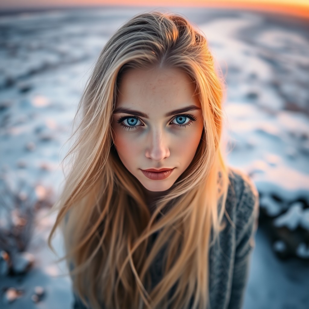 AI generated art for prompt: Envision a captivating portrait of a European woman with mesmerizing ice-blue eyes and flowing golde