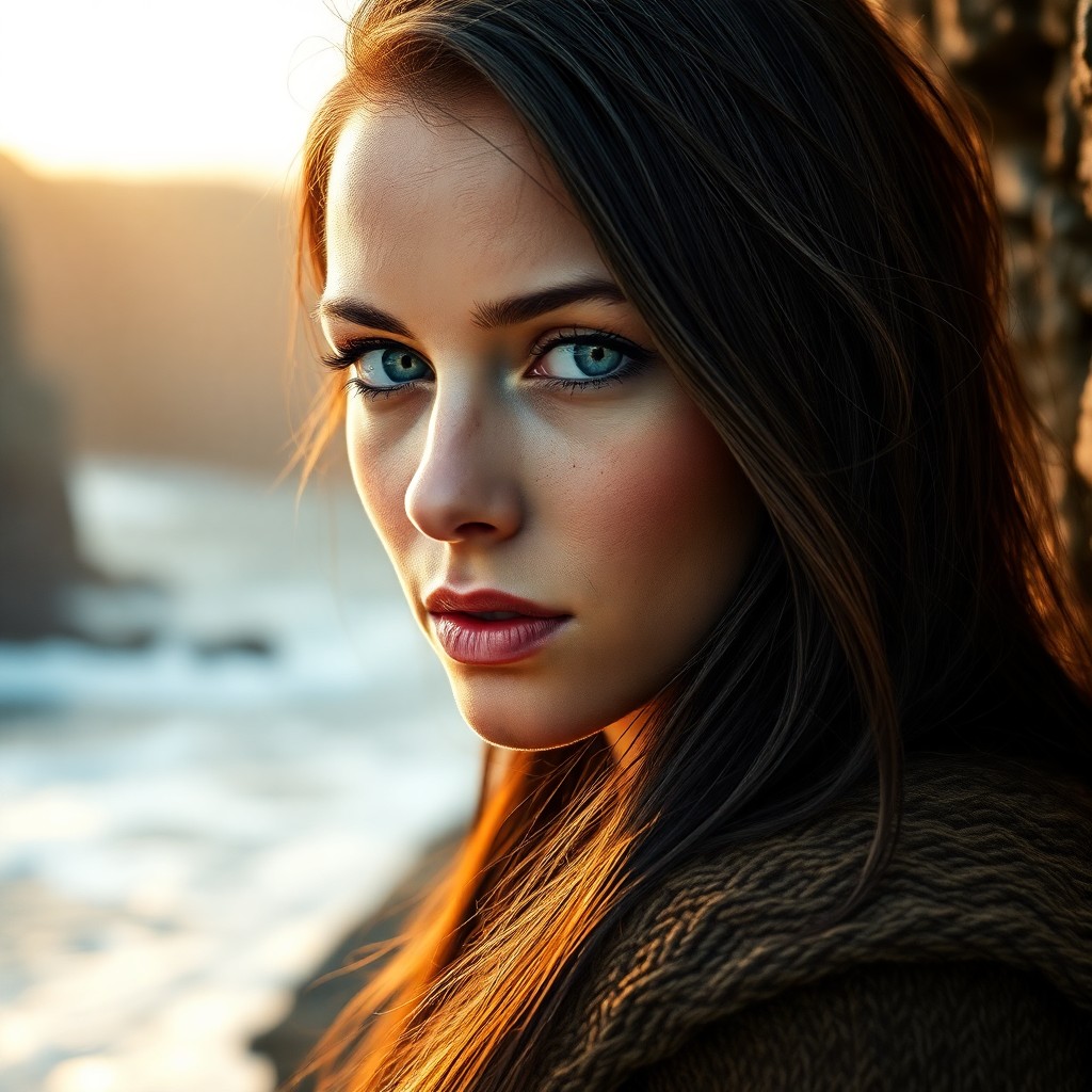 AI generated art for prompt: Capture a serene Nordic woman with piercing blue eyes and long dark hair against a windswept coastal