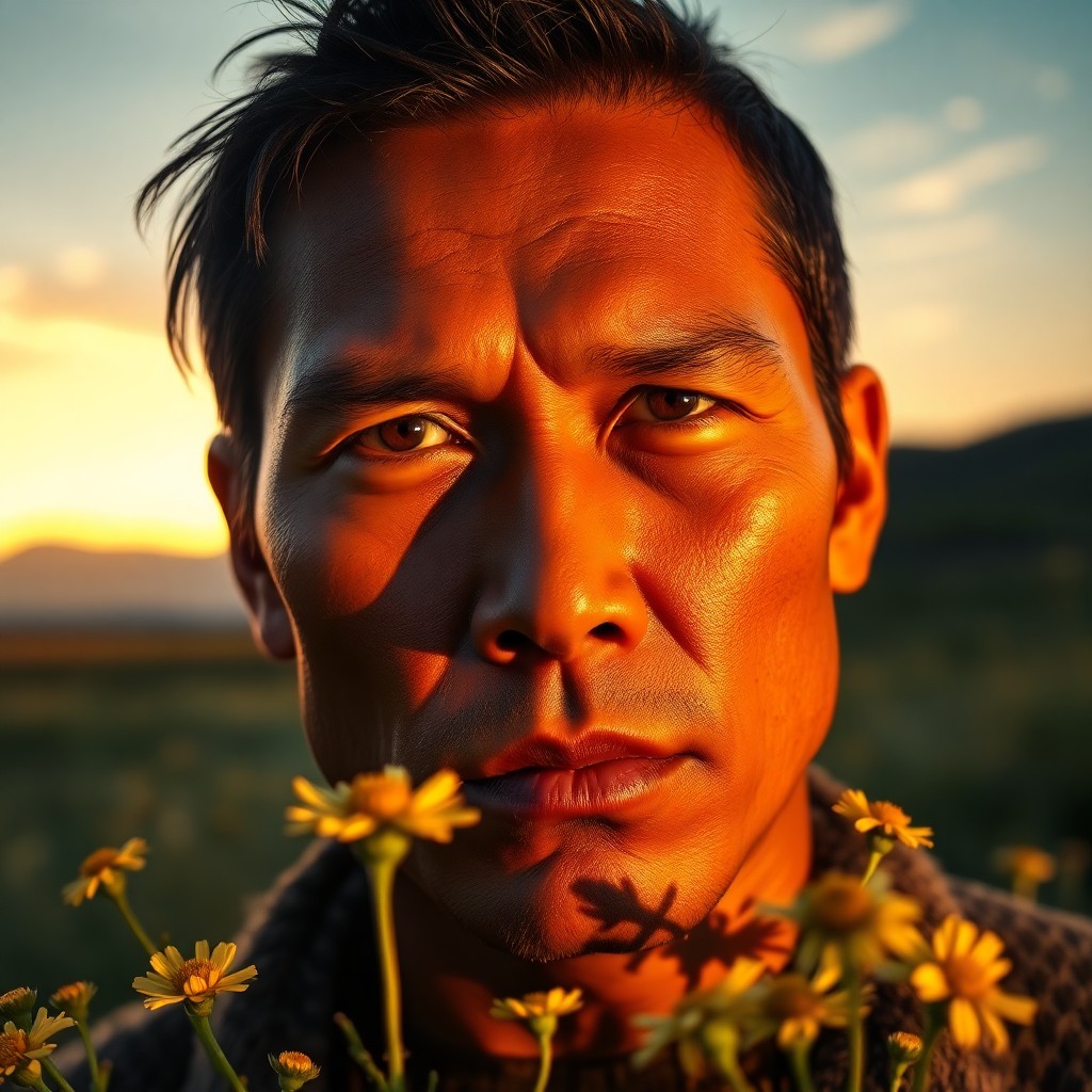 AI generated art for prompt: A portrait photograph, bathed in soft golden light, captures the intense gaze of a Native American m