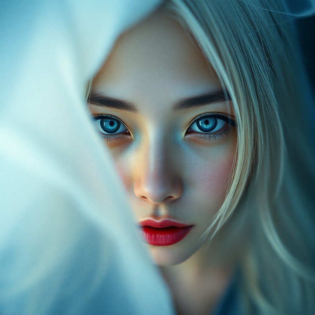 AI generated art for prompt: A film camera captures a captivating portrait of an East Asian woman with piercing blue eyes and lon