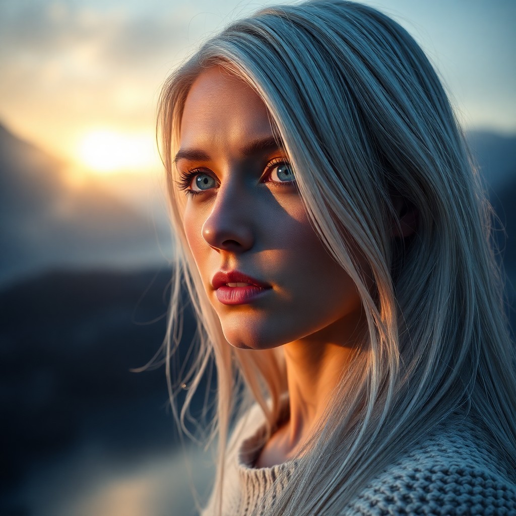 AI generated art for prompt: Envision a mirrorless camera capturing an ethereal portrait of a Nordic woman in her late twenties. 