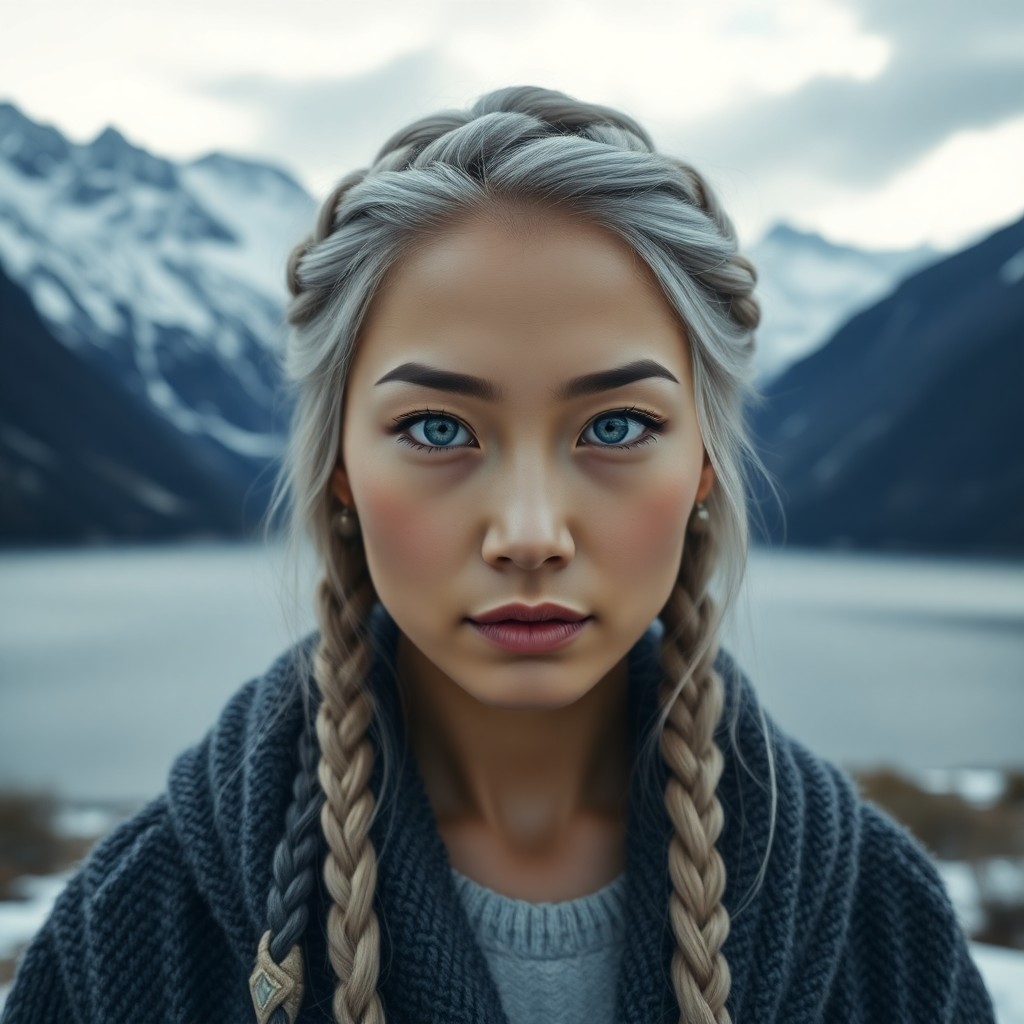 AI generated art for prompt: A photorealistic portrait photograph of an East Asian woman with piercing blue eyes and ash-blonde h