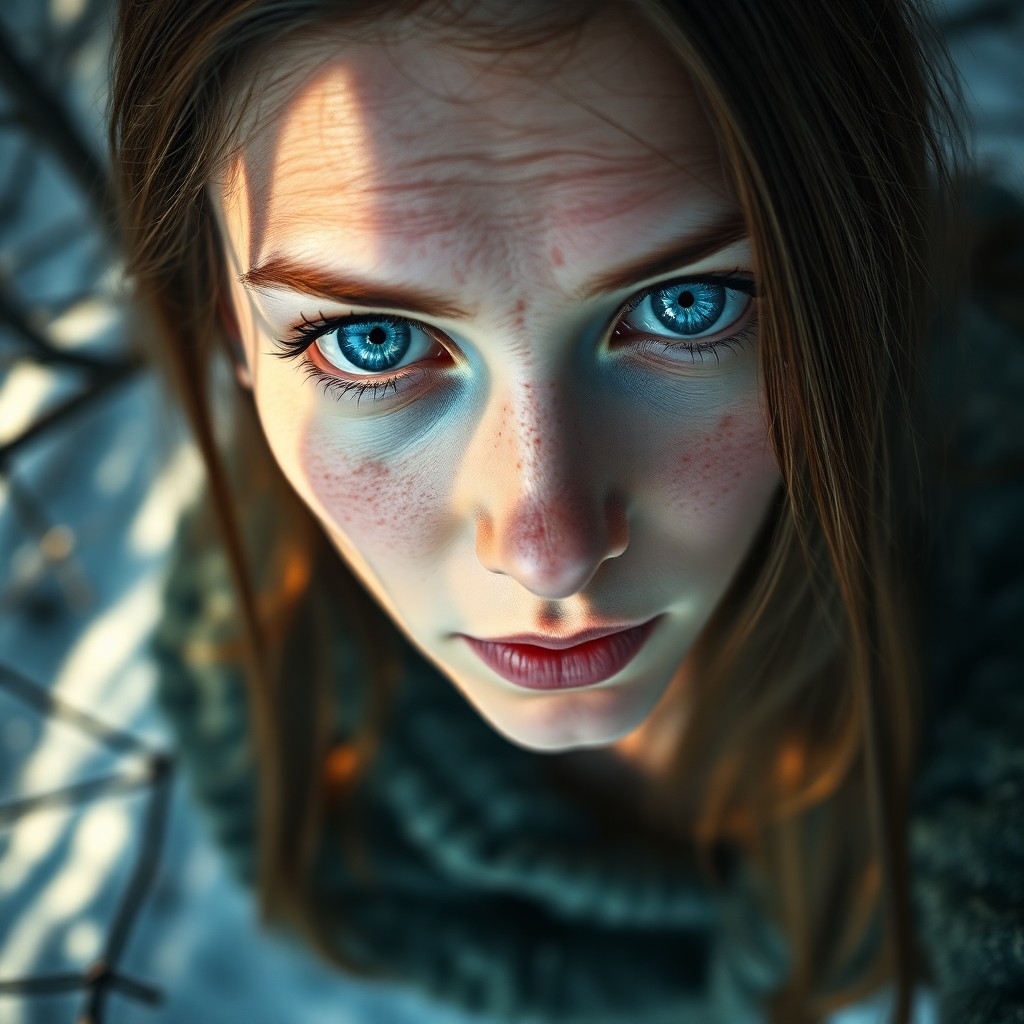 AI generated art for prompt: A captivating Slavic woman with deep blue eyes and pale skin adorned by subtle freckles and delicate