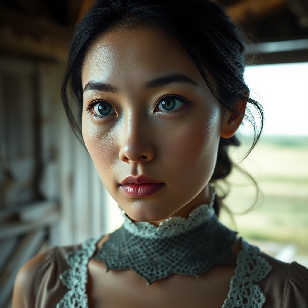 AI generated art for prompt: A photorealistic portrait photograph showcases an East Asian woman with piercing blue eyes and delic