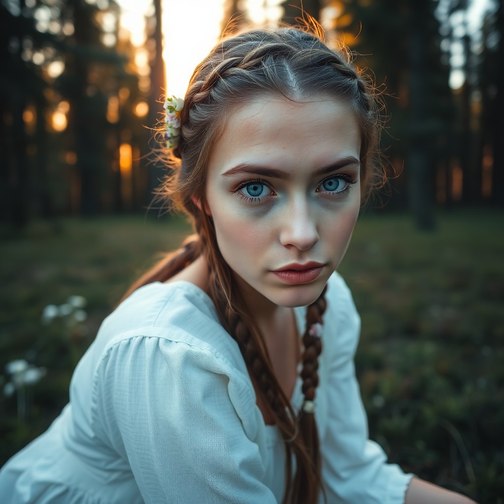 AI generated art for prompt: Envision a portrait photograph of an enigmatic European woman with piercing ice-blue eyes and delica