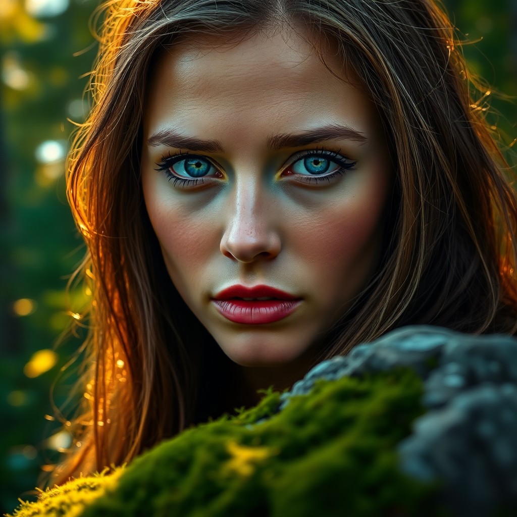 AI generated art for prompt: Imagine a portrait photograph featuring a Nordic woman with intense blue eyes and sun-kissed skin. H