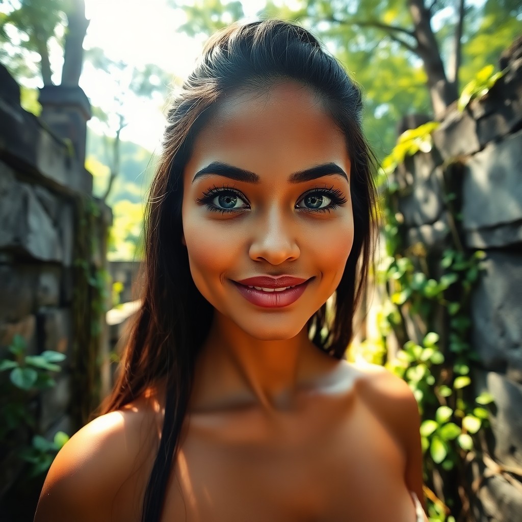 AI generated art for prompt: Imagine a captivating portrait of a Pacific Islander woman with piercing blue eyes and long, dark la