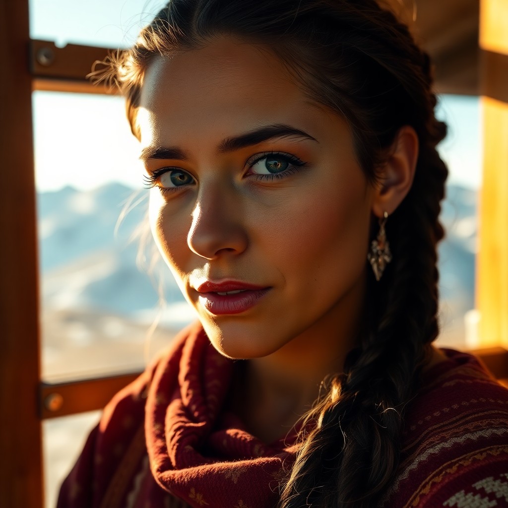 AI generated art for prompt: Imagine a portrait photograph featuring a tranquil Hispanic woman with captivating blue eyes and tra