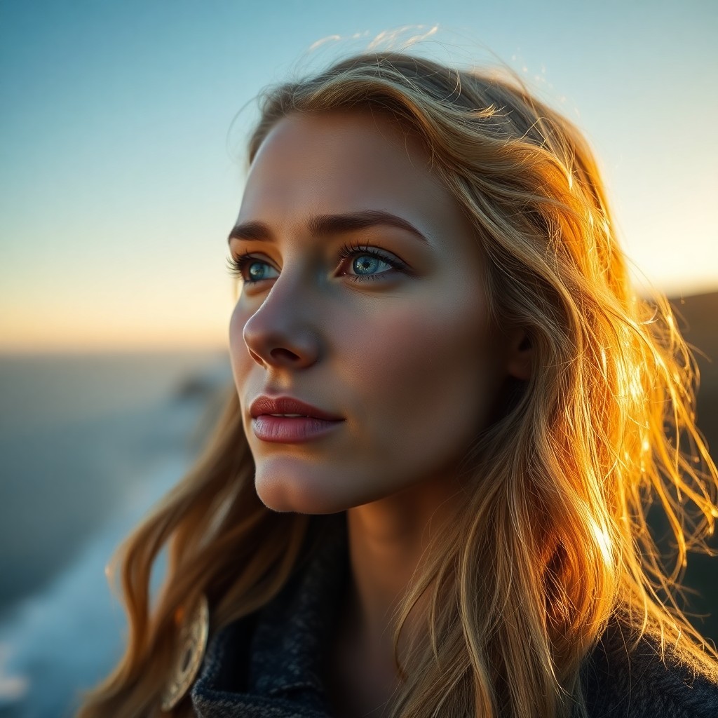 AI generated art for prompt: An iPhone portrait showcases a Nordic woman's enigmatic allure with sun-kissed skin and piercing blu