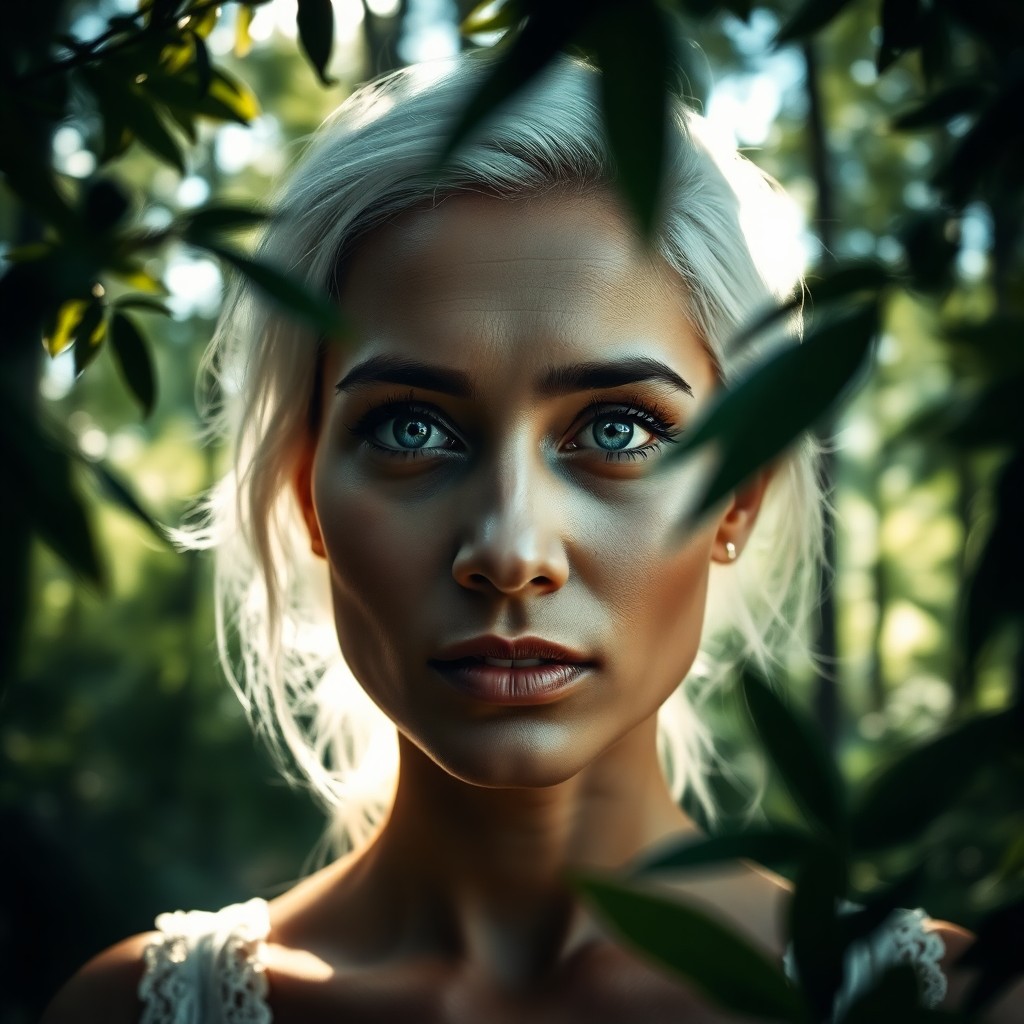 AI generated art for prompt: A portrait photograph of a South Asian woman with striking blue eyes and platinum hair, illuminated 