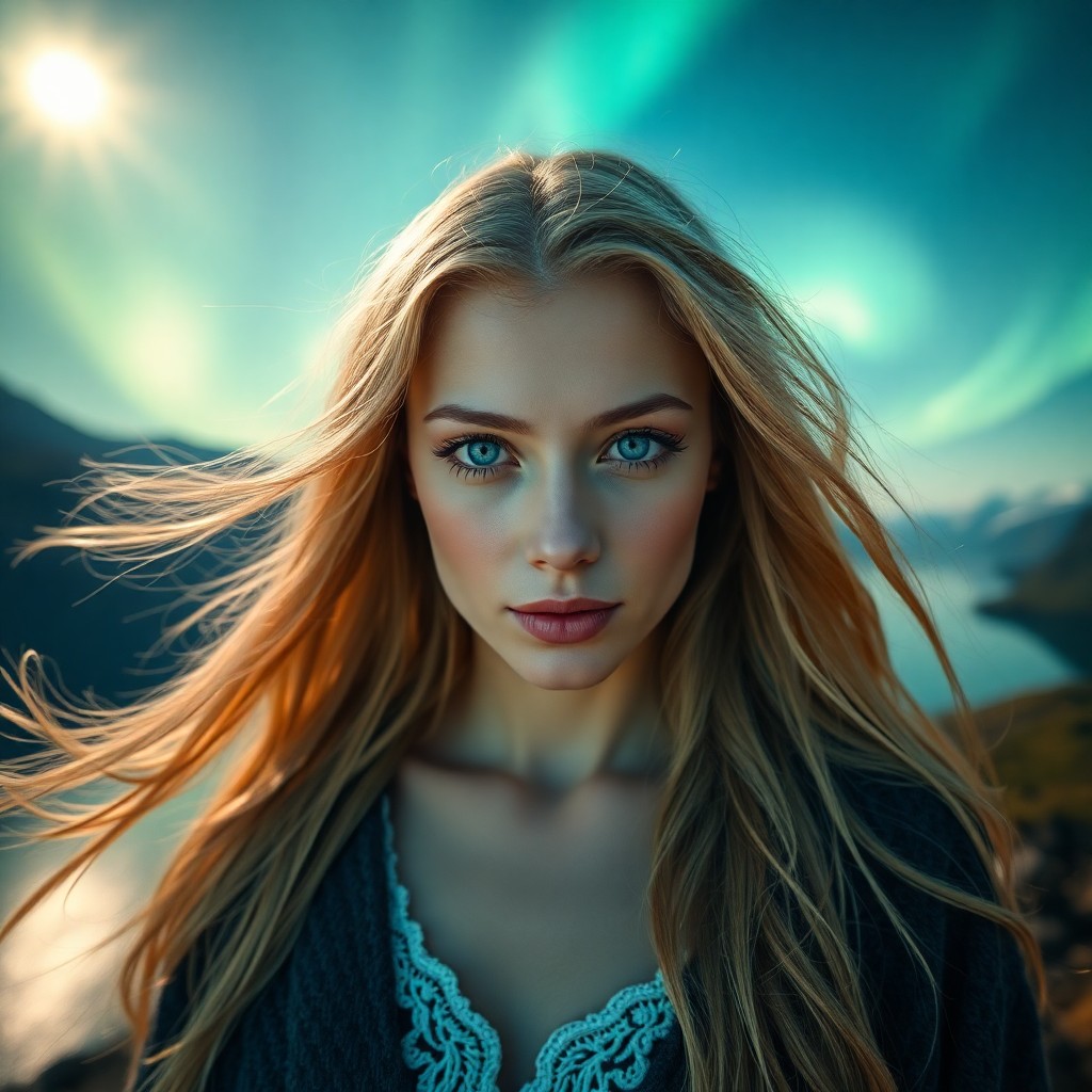 AI generated art for prompt: A portrait photograph captures the ethereal beauty of a Nordic woman with piercing blue eyes and rad