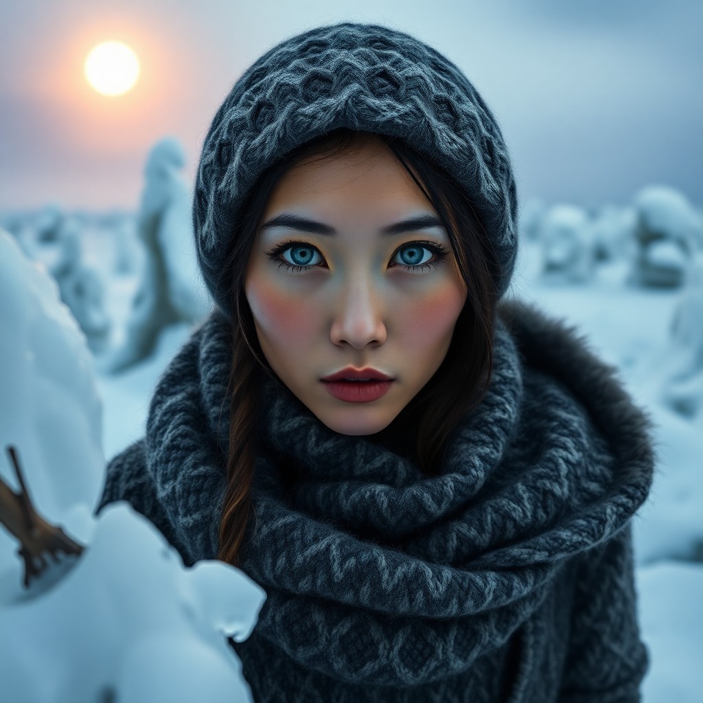 AI generated art for prompt: Craft a photorealistic portrait photograph depicting an East Asian woman with striking blue eyes, he