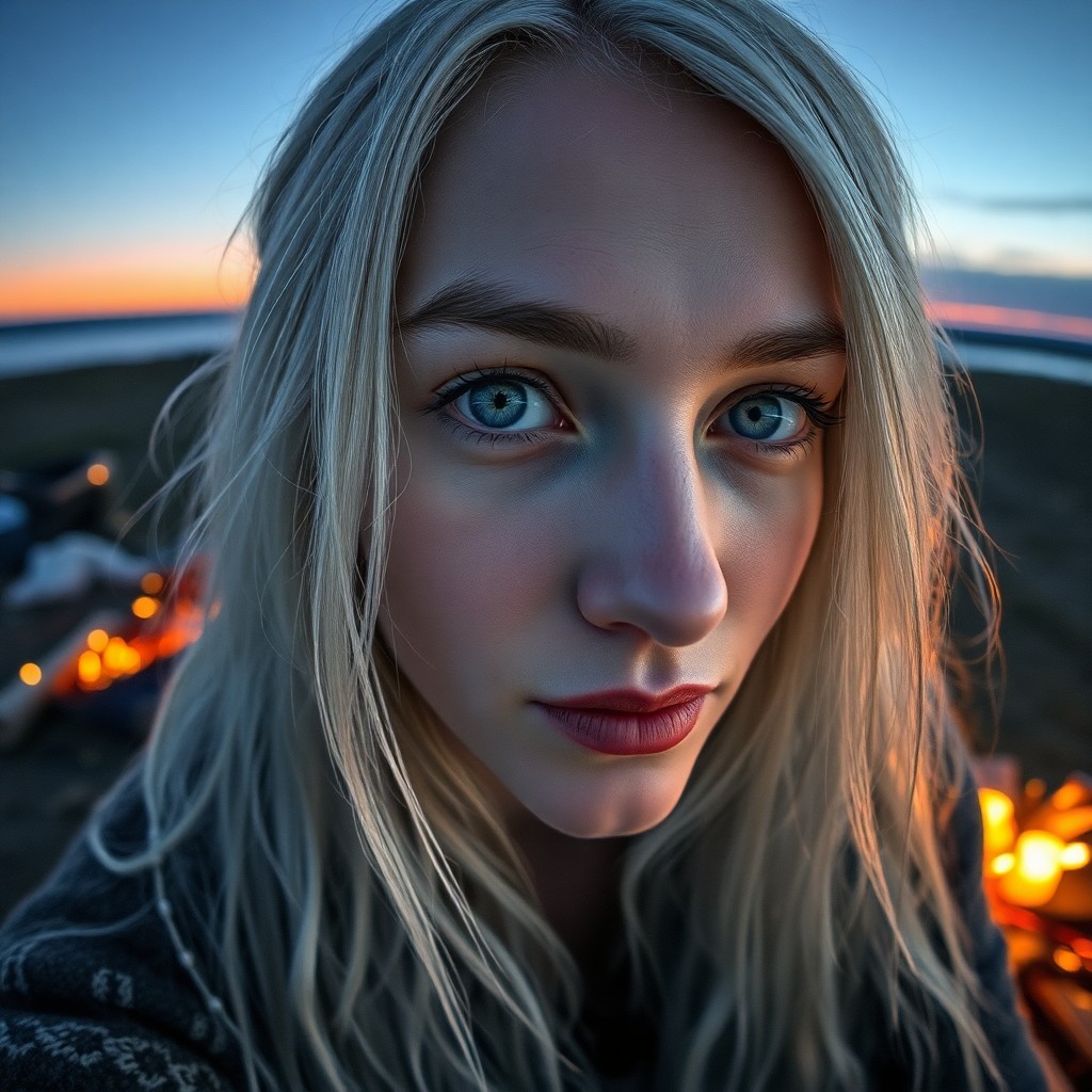 AI generated art for prompt: A super-realistic portrait depicts a Nordic woman with captivating ice-blue eyes and silvery white h