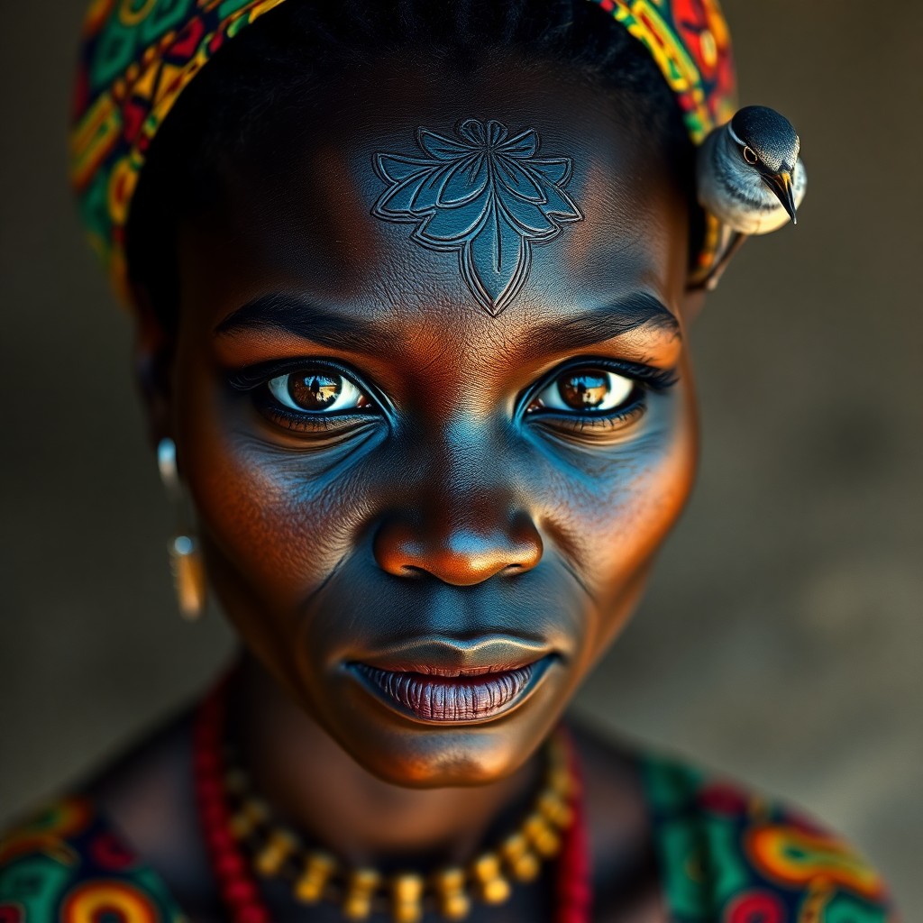 AI generated art for prompt: Craft a photorealistic portrait photograph of an African woman with mesmerizing eyes, her gaze fixed