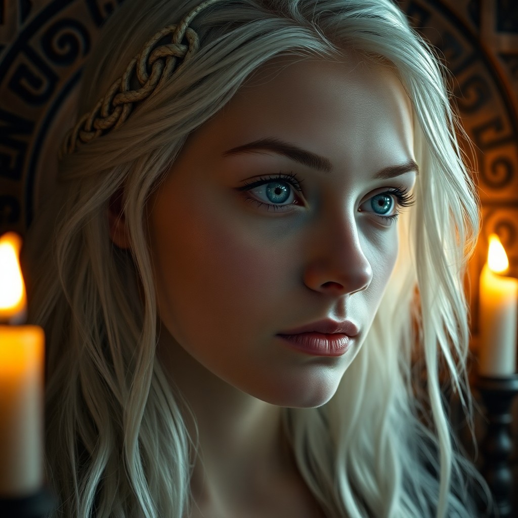 AI generated art for prompt: A photorealistic portrait photograph showcases a pensive Slavic woman with piercing ice-blue eyes an