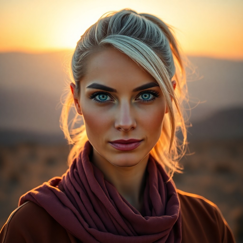 AI generated art for prompt: A hyperrealistic portrait depicts a Middle Eastern woman in her early 30s, exuding confidence with p