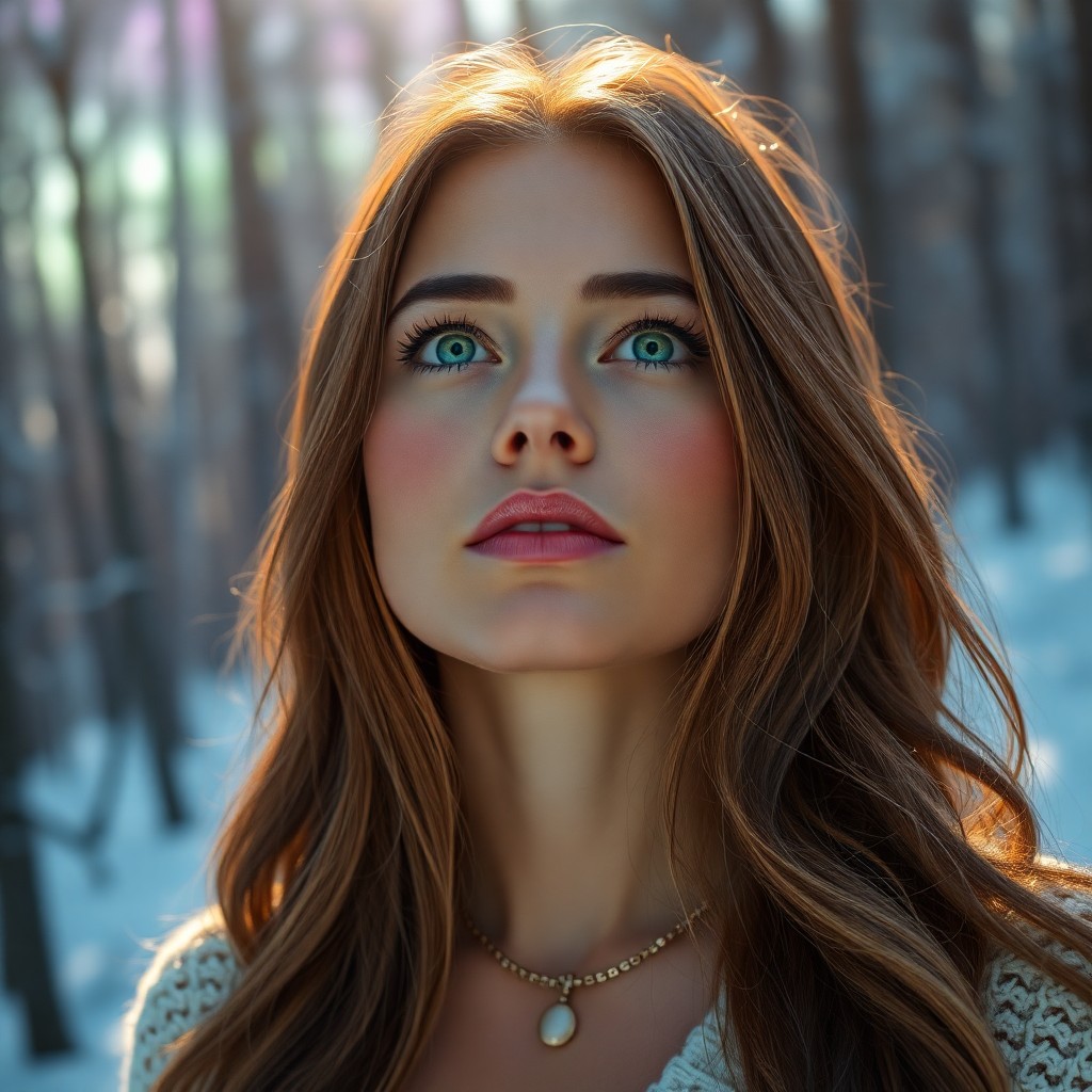 AI generated art for prompt: Photorealistic portrait of a Hispanic woman with piercing green eyes and cascading golden-brown hair