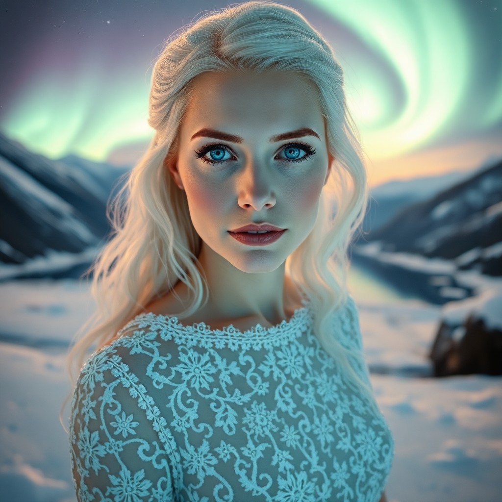 AI generated art for prompt: A photorealistic portrait of a European woman with piercing blue eyes and platinum blonde hair stand