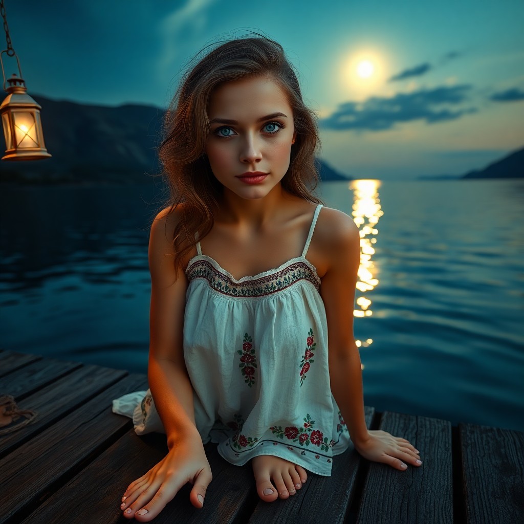 AI generated art for prompt: A hyperrealistic portrait depicts a Slavic woman with sun-kissed skin and captivating ocean blue eye